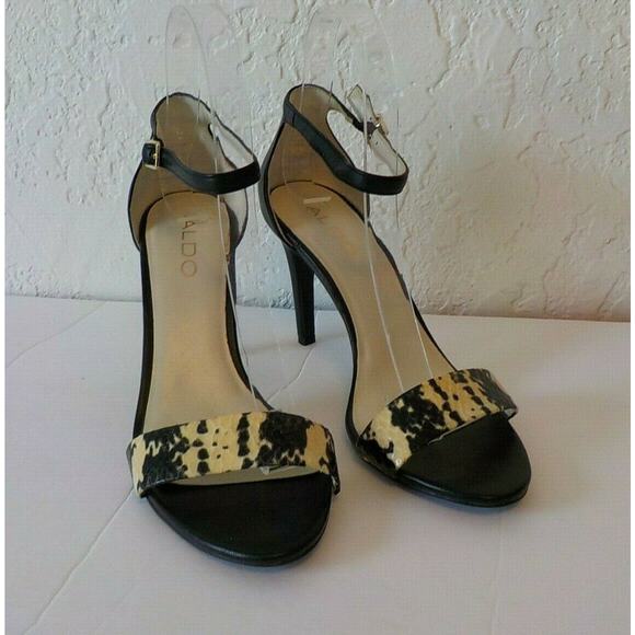 Aldo Black Sandals 6.5 M Stilettos Heel Ankle Strap Faux Leather Animal Print - Picture 6 of 12